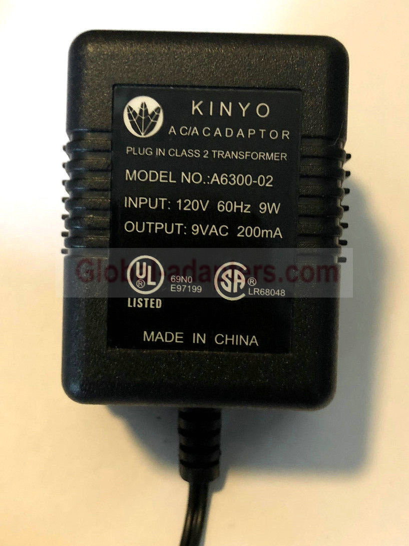 New 9V 200mA Kinyo A6300-02 Class 2 Transformer Power Supply Ac Adapter